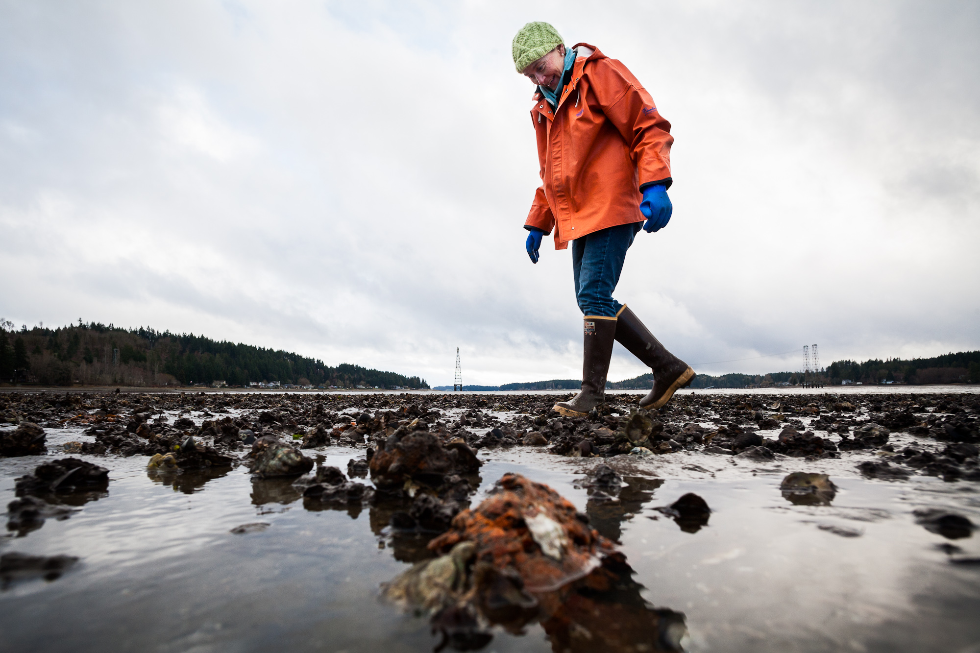 Betsy Peabody looking at an oyster bed.