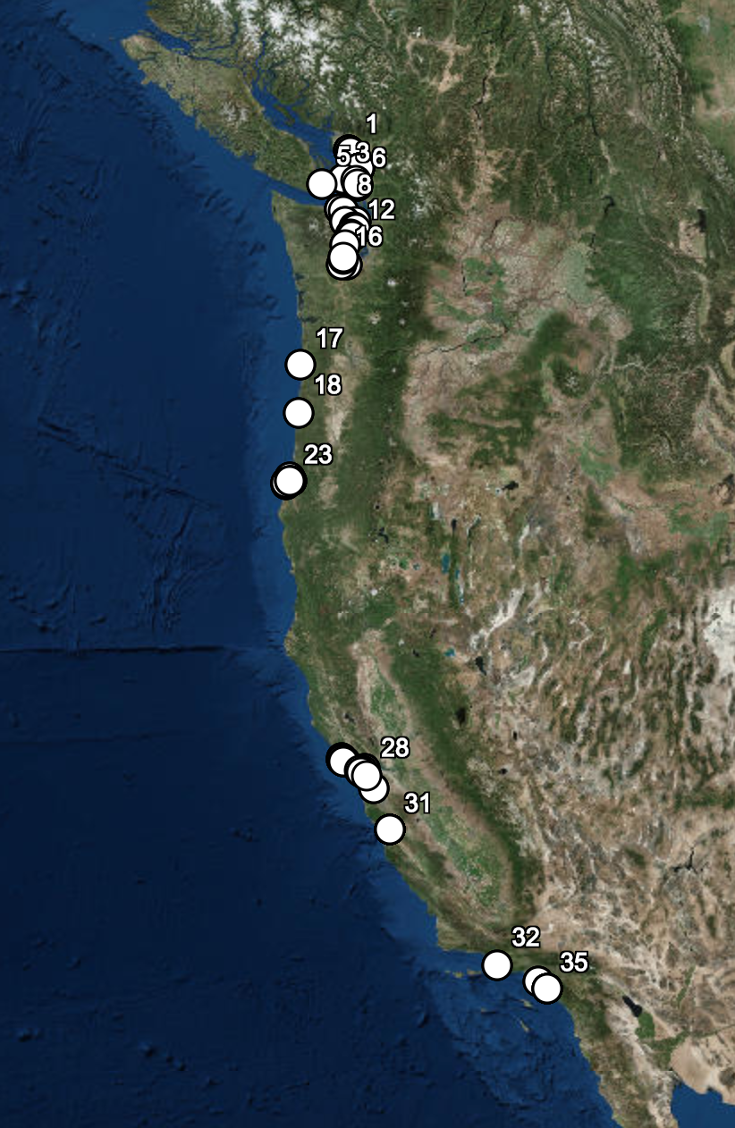 A map of the West Coast showing the projects described in the story map