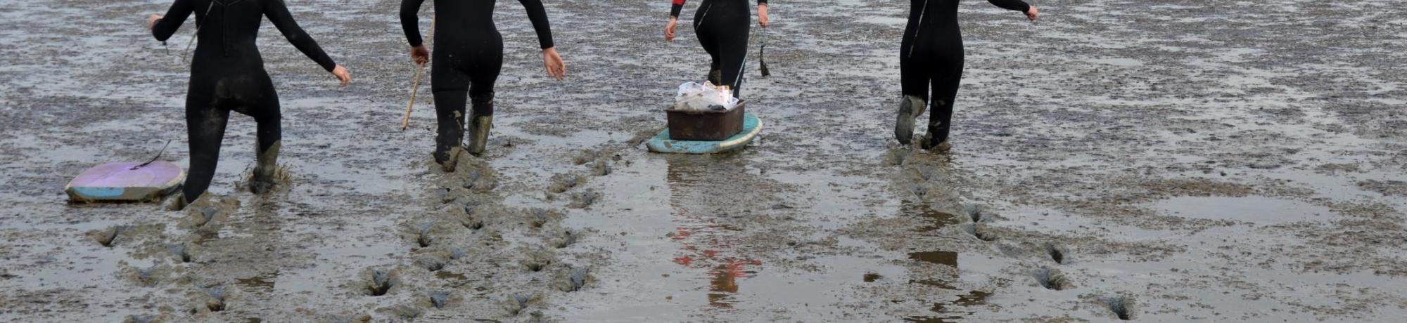 People in wetsuits walking out on the mud